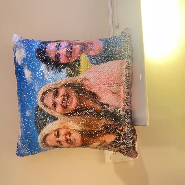 Qstomize.com - Personalize Your Pillow with Custom Reversible Sequin Design Vibrant friendship pillow showcasing three smiling women in a scenic outdoor setting.