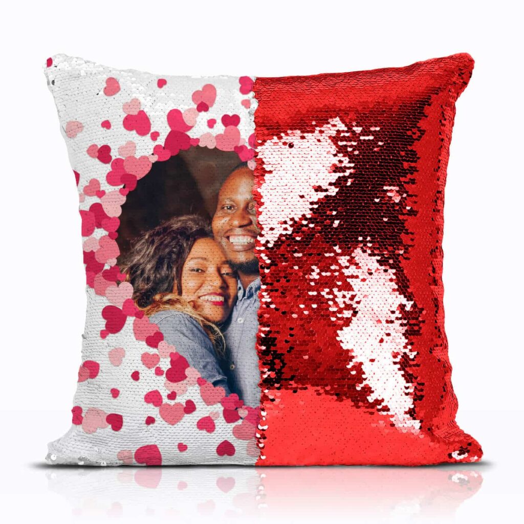 Qstomize.com - Love Frames Custom Sequin Pillow Vibrant dual-sided cushion with red sequins and heart-shaped photo cutout for romantic gifts.