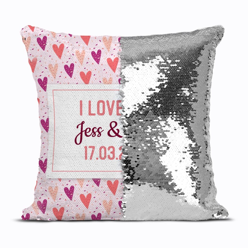 Qstomize.com - I Love You Custom Sequin Pillow Charming love cushion with pink hearts, I LOVE Jess &, and sparkling silver sequins.