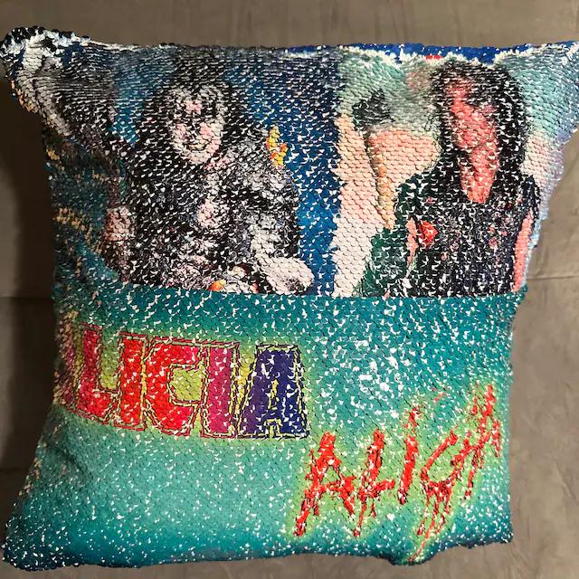 Qstomize.com - Personalize Your Pillow with Custom Reversible Sequin Design Colorful Alicia pillow featuring stylized rock figures, celebrating individuality and music culture.