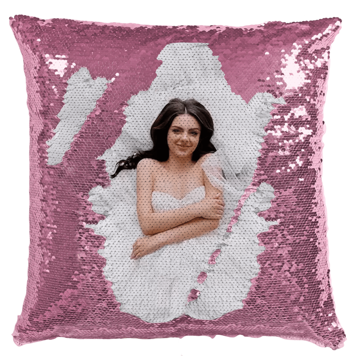 Qstomize.com - Personalize Your Pillow with Custom Reversible Sequin Design Vibrant pink sequin pillow with dreamy bridal print, adding luxury to any decor.