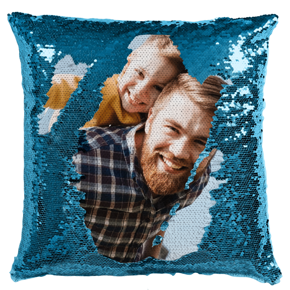 Qstomize.com - Personalize Your Pillow with Custom Reversible Sequin Design Transformative sequin pillow revealing a joyful photo of love and connection.