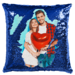 Qstomize.com - Personalize Your Pillow with Custom Reversible Sequin Design Vibrant sequin pillow with a joyful couple and heart balloon, perfect for romantic decor.