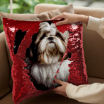 Qstomize.com - Personalize Your Pillow with Custom Reversible Sequin Design Playful Shih Tzu pillow with shimmering red sequins for cozy, vibrant home decor.