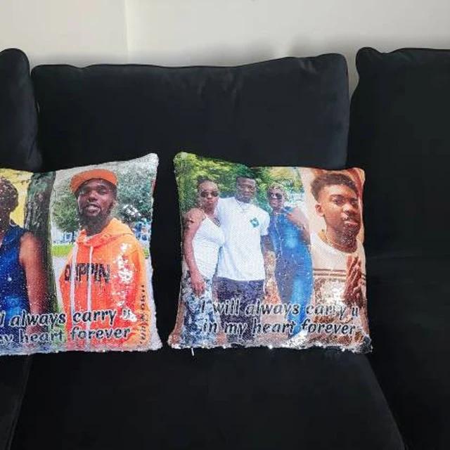 Qstomize.com - Personalize Your Pillow with Custom Reversible Sequin Design Vibrant sequin pillows featuring joyful memories and heartfelt messages of love and connection.