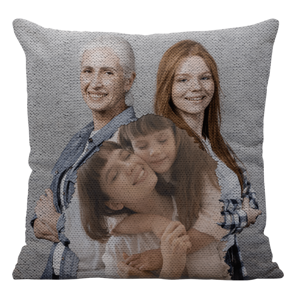 Qstomize.com - Double Image Reversible Sequin Pillow Generational family love and joy captured in a decorative pillow collage design.