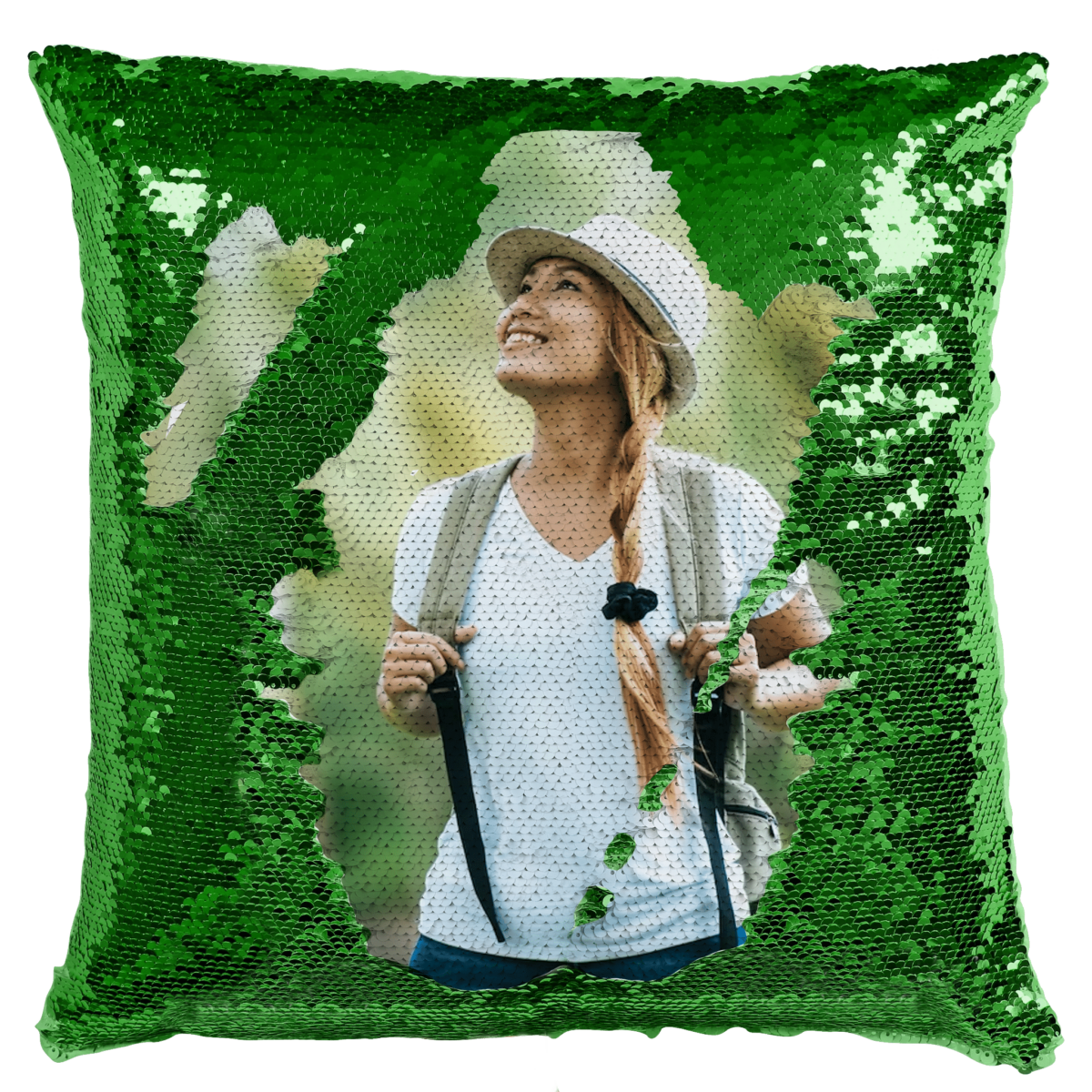 Qstomize.com - Personalize Your Pillow with Custom Reversible Sequin Design Interactive green sequin pillow reveals joyful nature photo of a woman exploring outdoors.