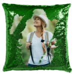 Qstomize.com - Personalize Your Pillow with Custom Reversible Sequin Design Interactive green sequin pillow reveals joyful nature photo of a woman exploring outdoors.