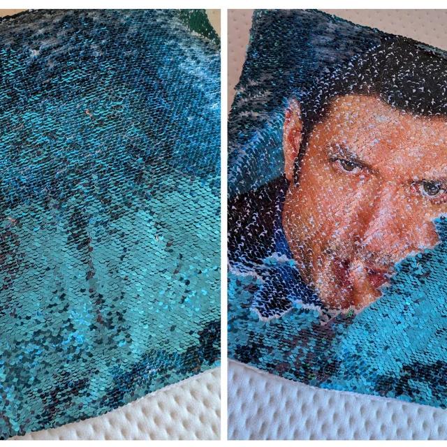 Qstomize.com - Personalize Your Pillow with Custom Reversible Sequin Design Dual-sided sequin pillow: serene ocean design and captivating man’s portrait in vibrant colors.