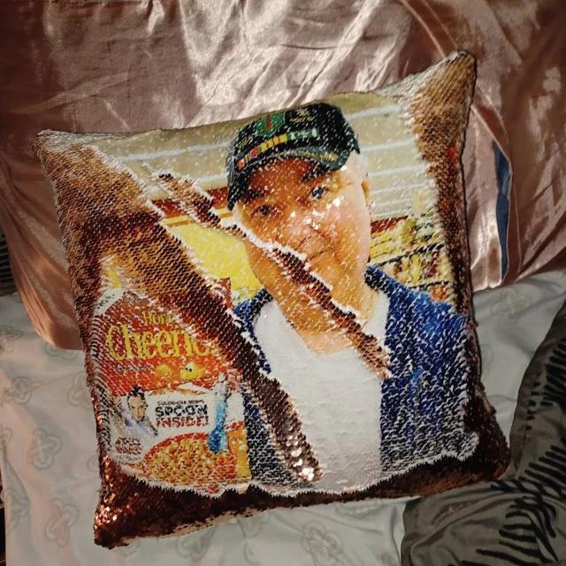 Qstomize.com - Personalize Your Pillow with Custom Reversible Sequin Design Interactive sequined pillow featuring a cheerful cereal design for a cozy home decor accent.