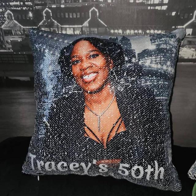 Qstomize.com - Personalize Your Pillow with Custom Reversible Sequin Design Sparkling pillow celebrating Traceys 50th birthday with a vibrant portrait and elegant cityscape design.