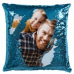 Qstomize.com - Personalize Your Pillow with Custom Reversible Sequin Design Vibrant turquoise sequin cushion showcases a joyful man and child sharing a heartfelt moment.