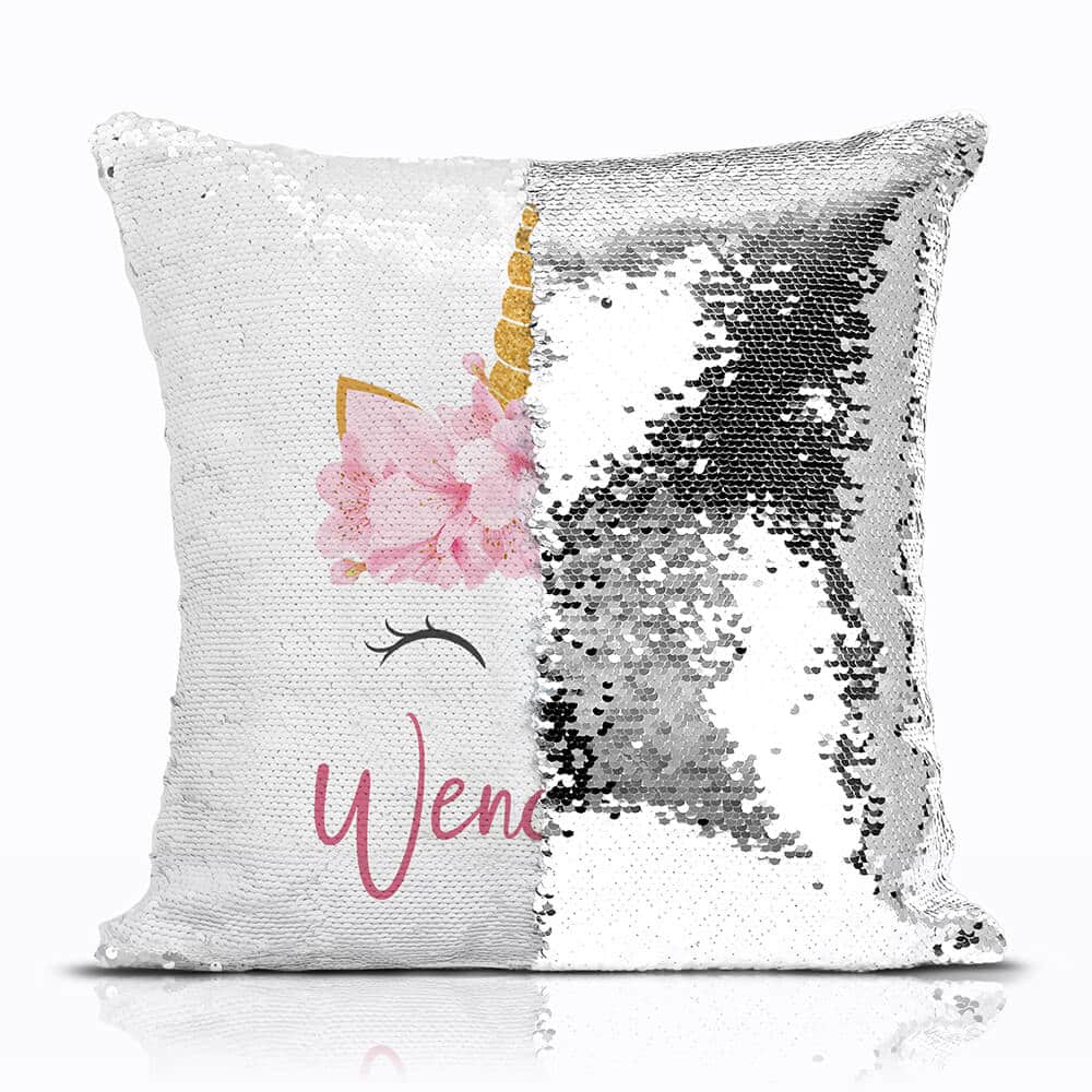 Qstomize.com - Custom Unicorn Sequin Pillow Reversible sequin unicorn pillow, personalized for kids, perfect for playful and charming decor.