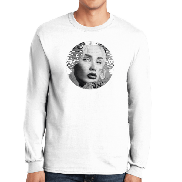 Qstomize.com - Personalize Your Pillow with Custom Reversible Sequin Design Trendy white long-sleeve tee with striking black-and-white graphic portrait for casual wear.